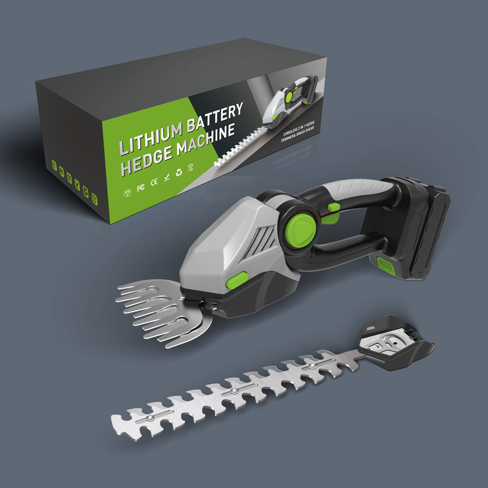 Wireless electric hedge trimmer in a handheld design, ideal for easy garden maintenance and trimming tasks.