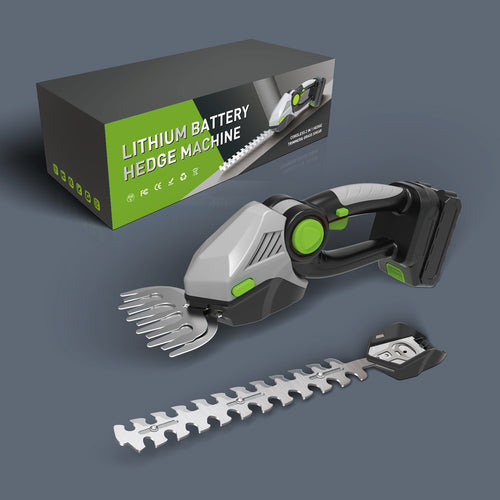 Wireless electric hedge trimmer in a handheld design, ideal for easy garden maintenance and trimming tasks.