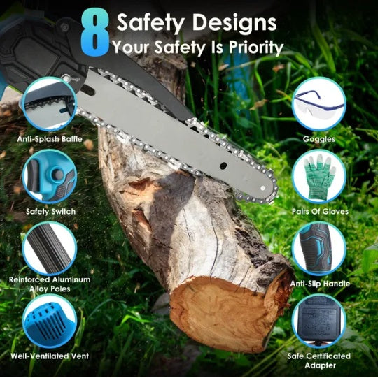 2-In-1 8' Cordless Electric Pole Saw And Mini Chainsaw With Extension Poles 2Pcs 21V 3.0Ah Batteries Adjustable Length Chain Saw With Auto Oiler Safety Switch For Wood Cutting