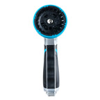 Front view of adjustable garden hose nozzle with ergonomic black and blue handle