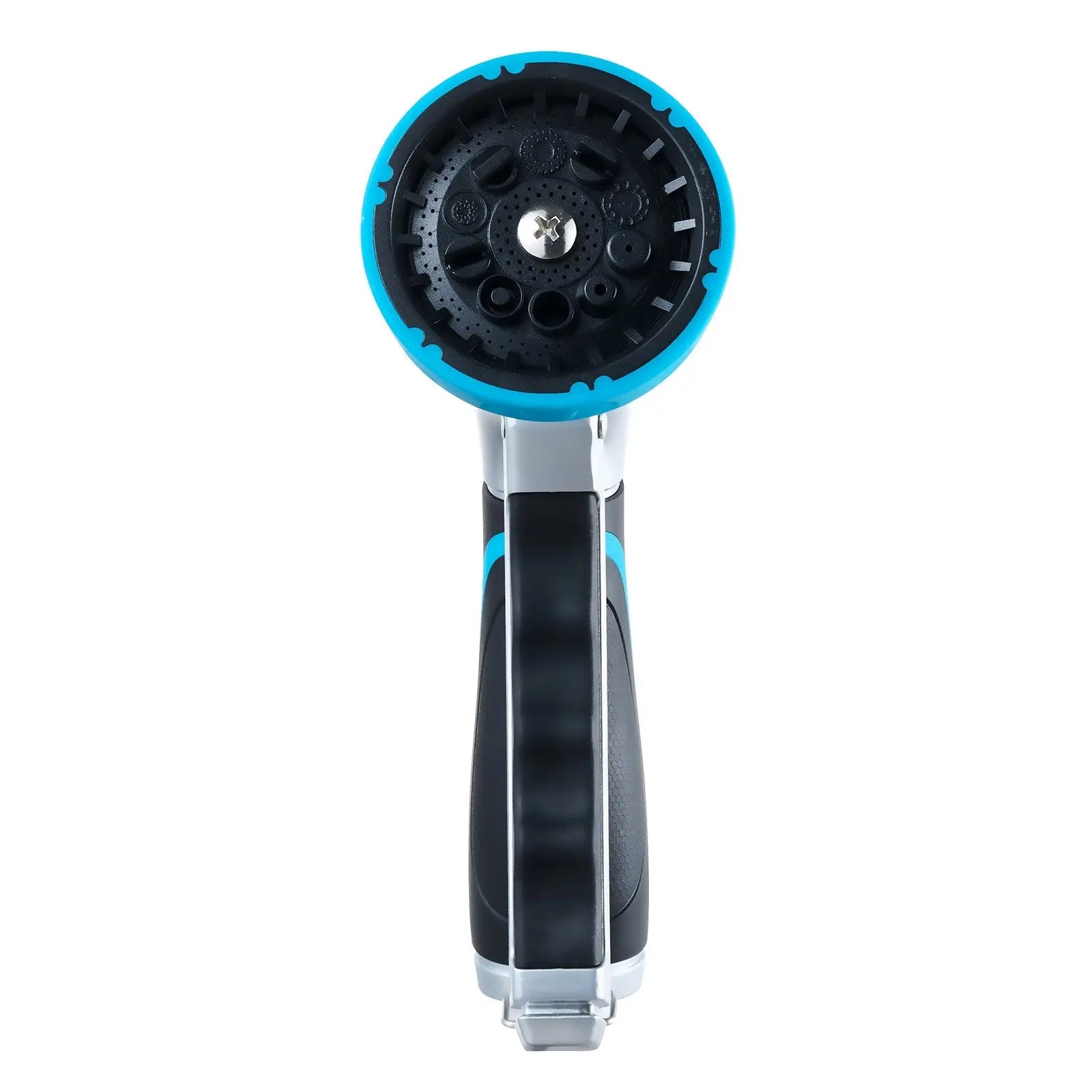 Front view of adjustable garden hose nozzle with ergonomic black and blue handle