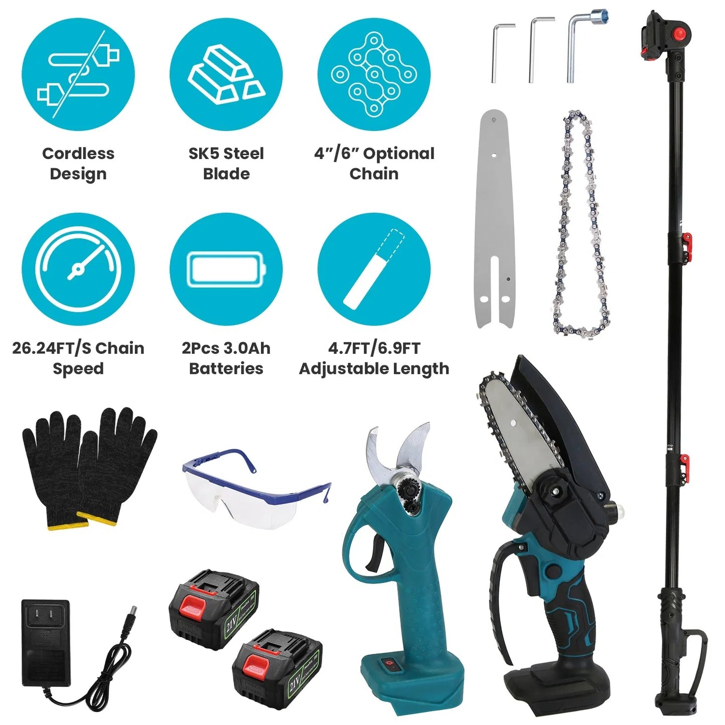 4-in-1 Pole Pruning Shears, Electric Pruning Shears & Pole Saws For Tree Trimming With 7 Adjustable Head Angles,Cordless Pole Shears And Battery Pole Saw With 2Pcs 3000mAh Rechargeable Batteries