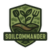 Gardening logo with soil, sprout, and garden tools in green shield, text SOILCOMMANDER