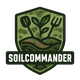 Gardening logo with soil, sprout, and garden tools in green shield, text SOILCOMMANDER