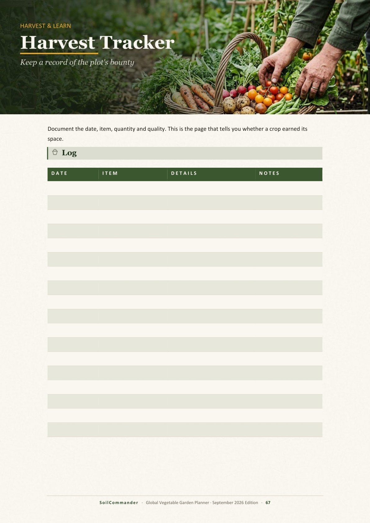 Inside the Global vegetable garden planner PDF — A tracker page — records that become next season's plan (page 67)