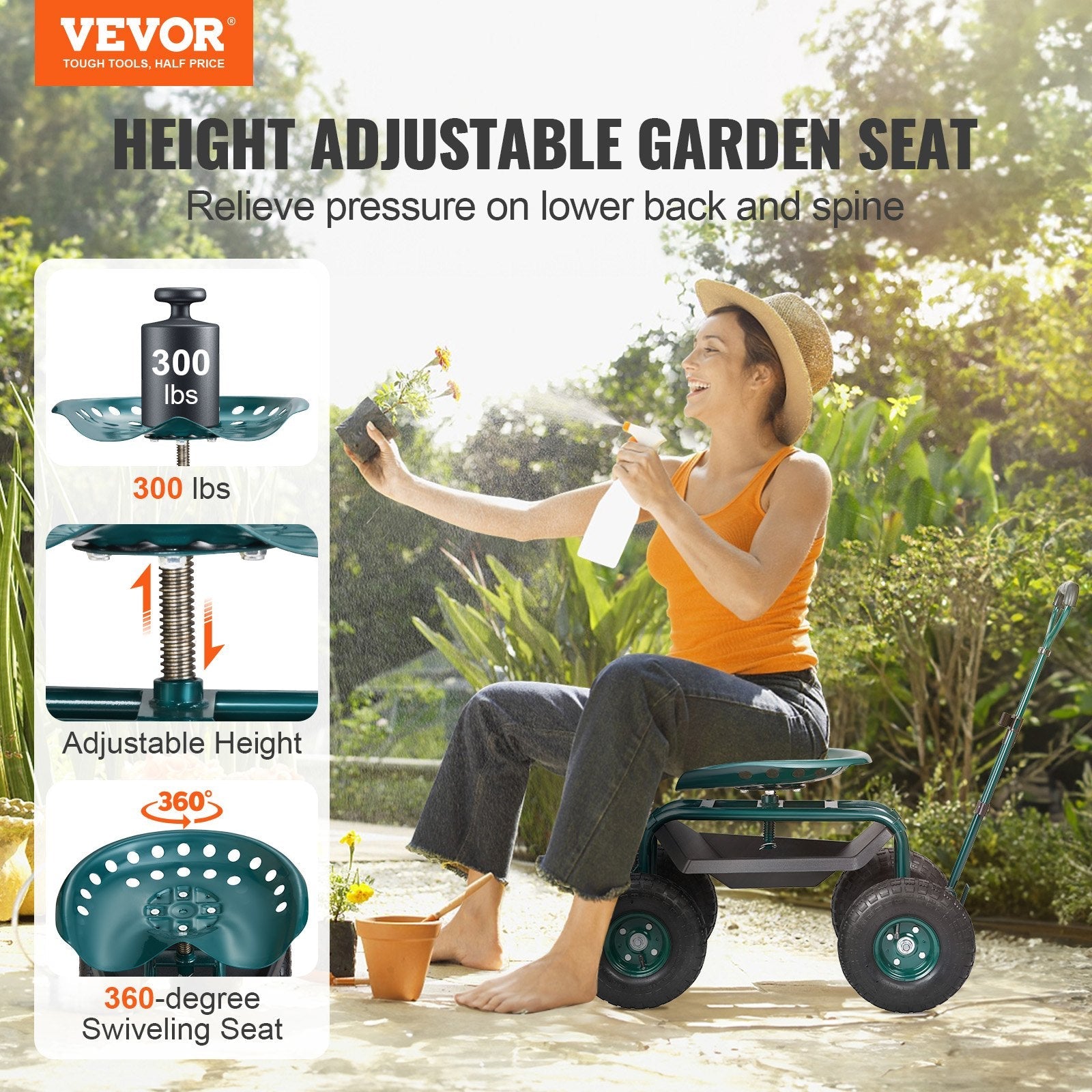 Heavy-Duty Garden Scooter Cart with Steering Handle - SoilCommander