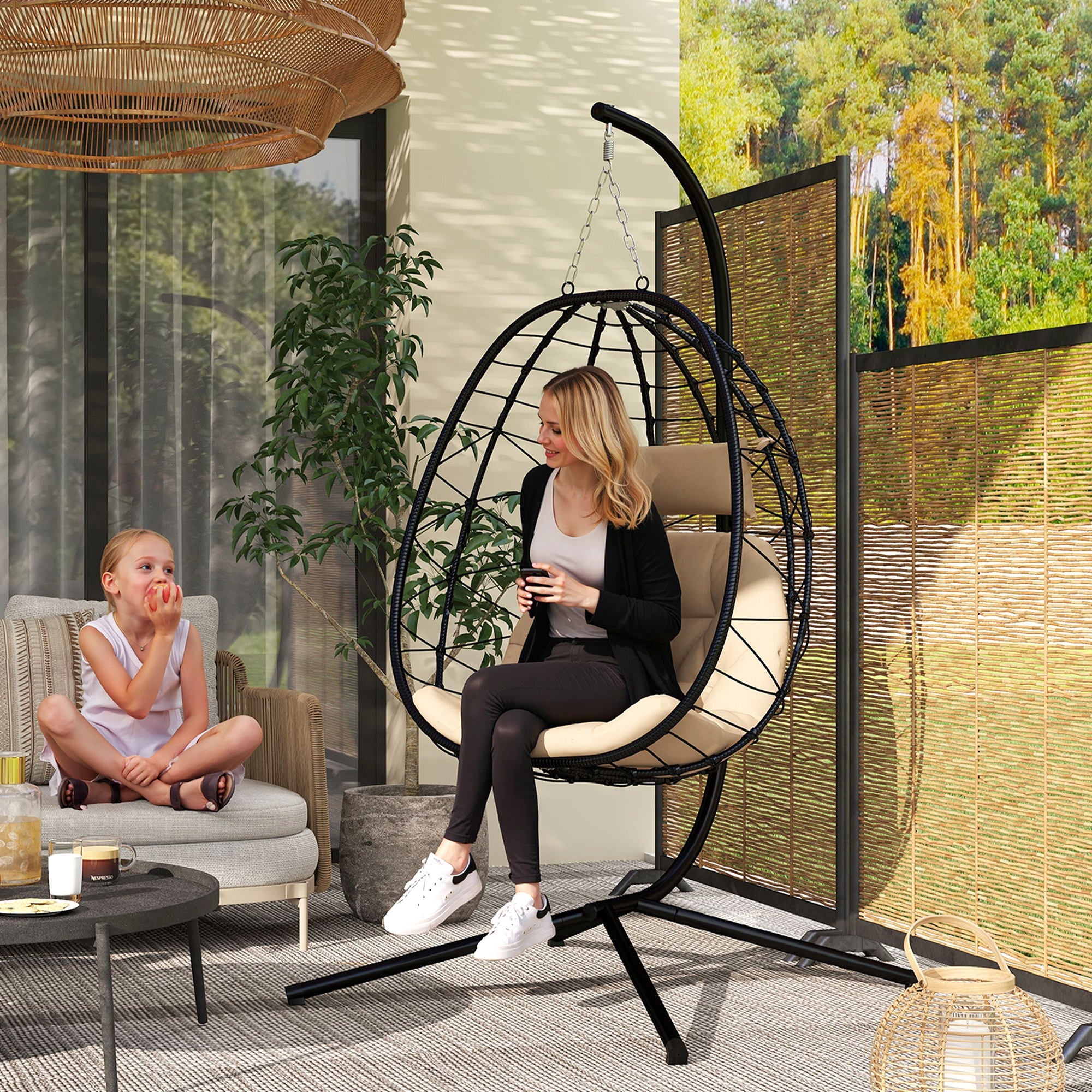 Khaki Hanging Egg Chair with Stand & Foldable Basket - soilcommander