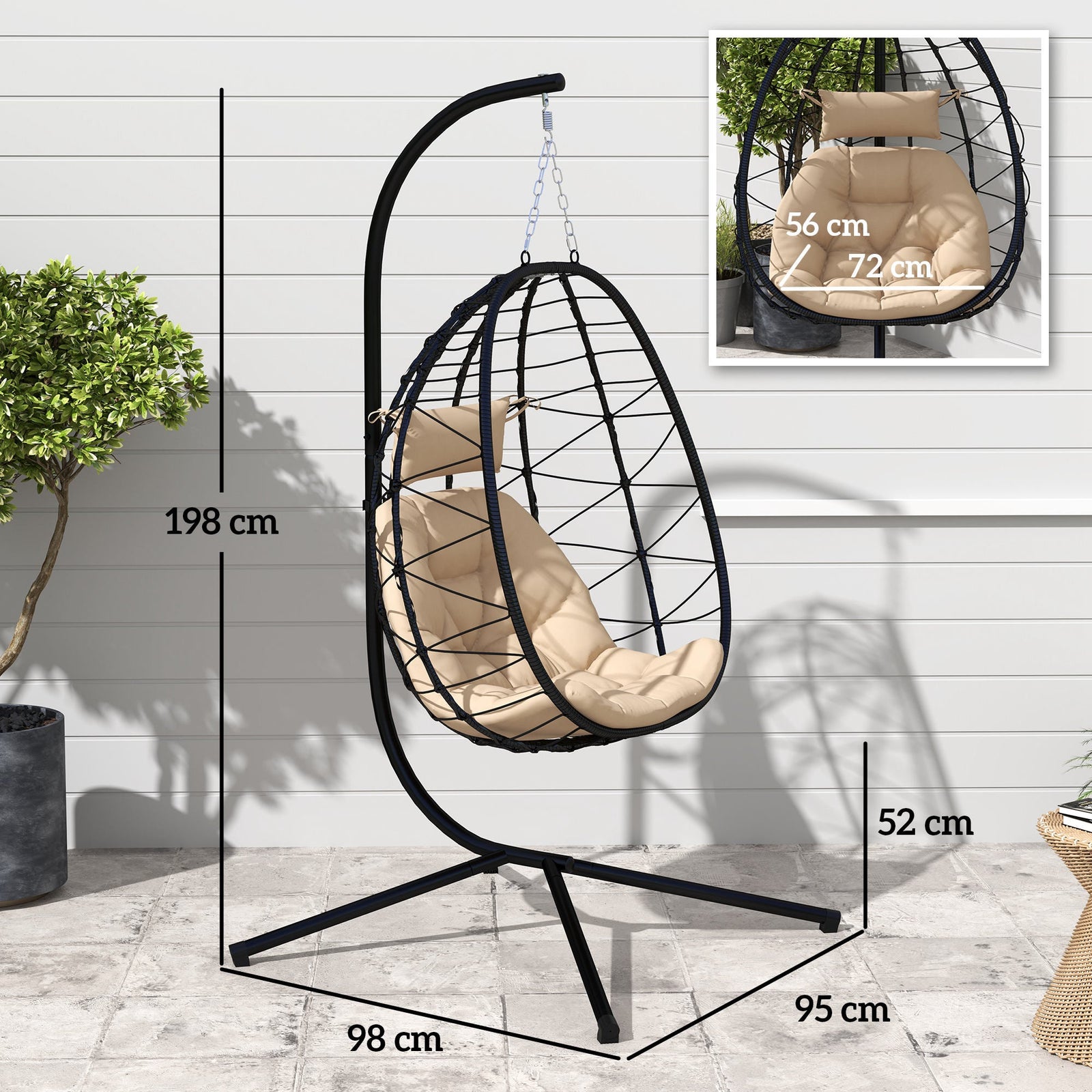 Khaki Hanging Egg Chair with Stand & Foldable Basket - soilcommander