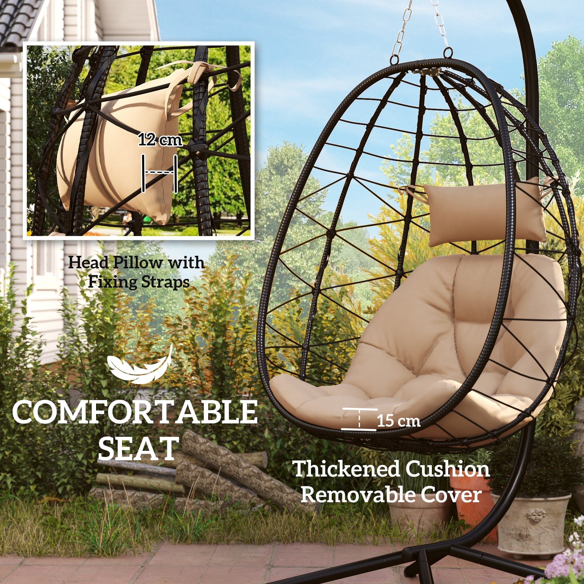 Khaki Hanging Egg Chair with Stand & Foldable Basket - soilcommander