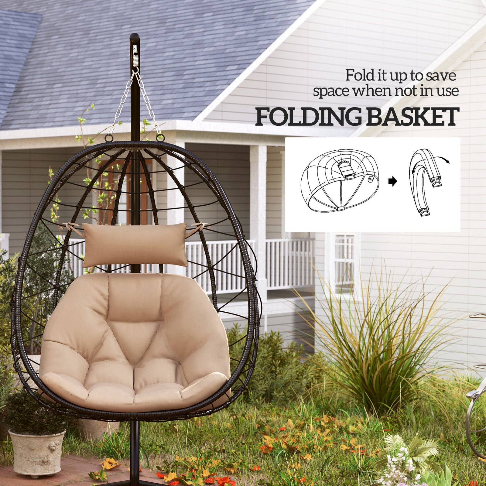 Khaki Hanging Egg Chair with Stand & Foldable Basket - soilcommander