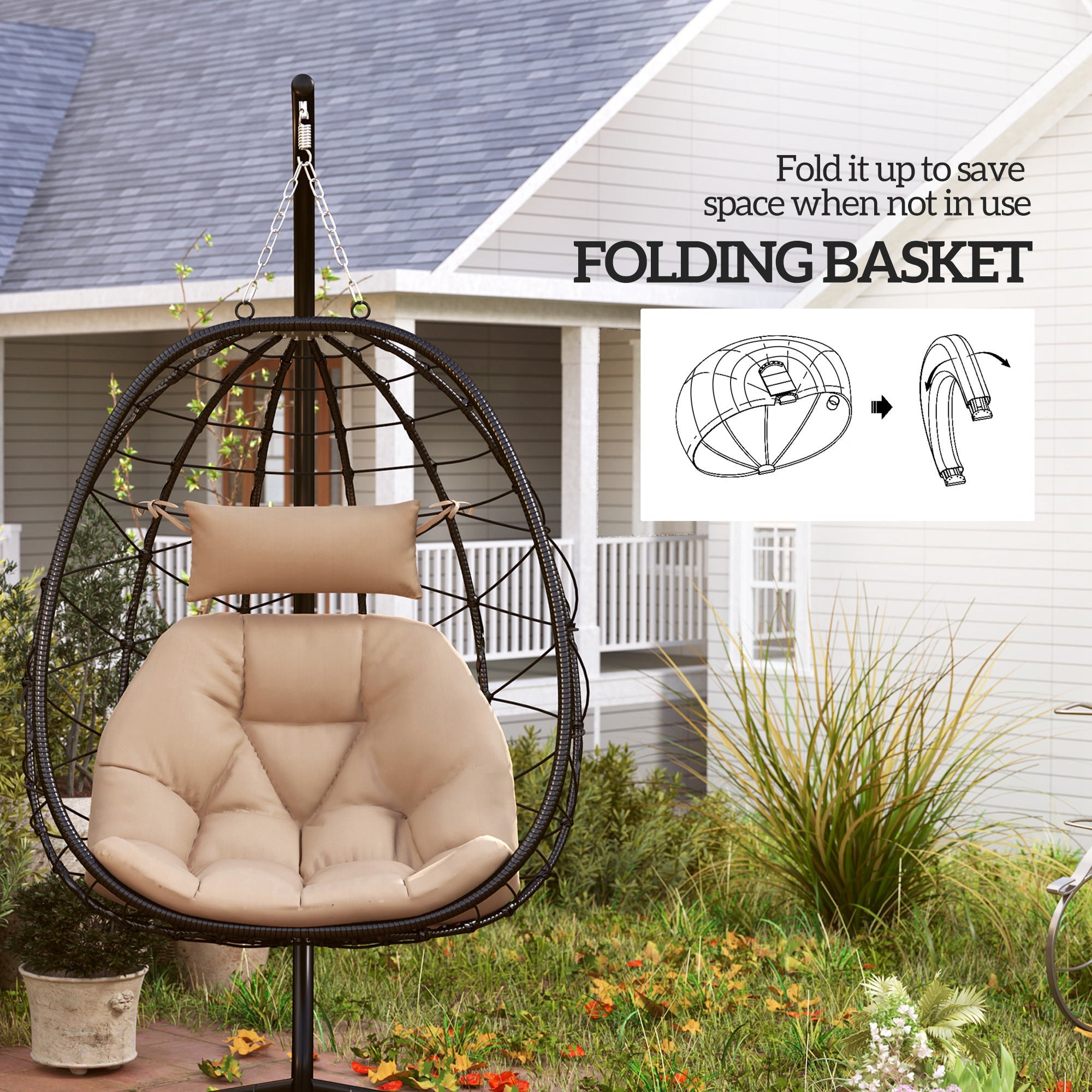 Khaki Hanging Egg Chair with Stand & Foldable Basket - soilcommander