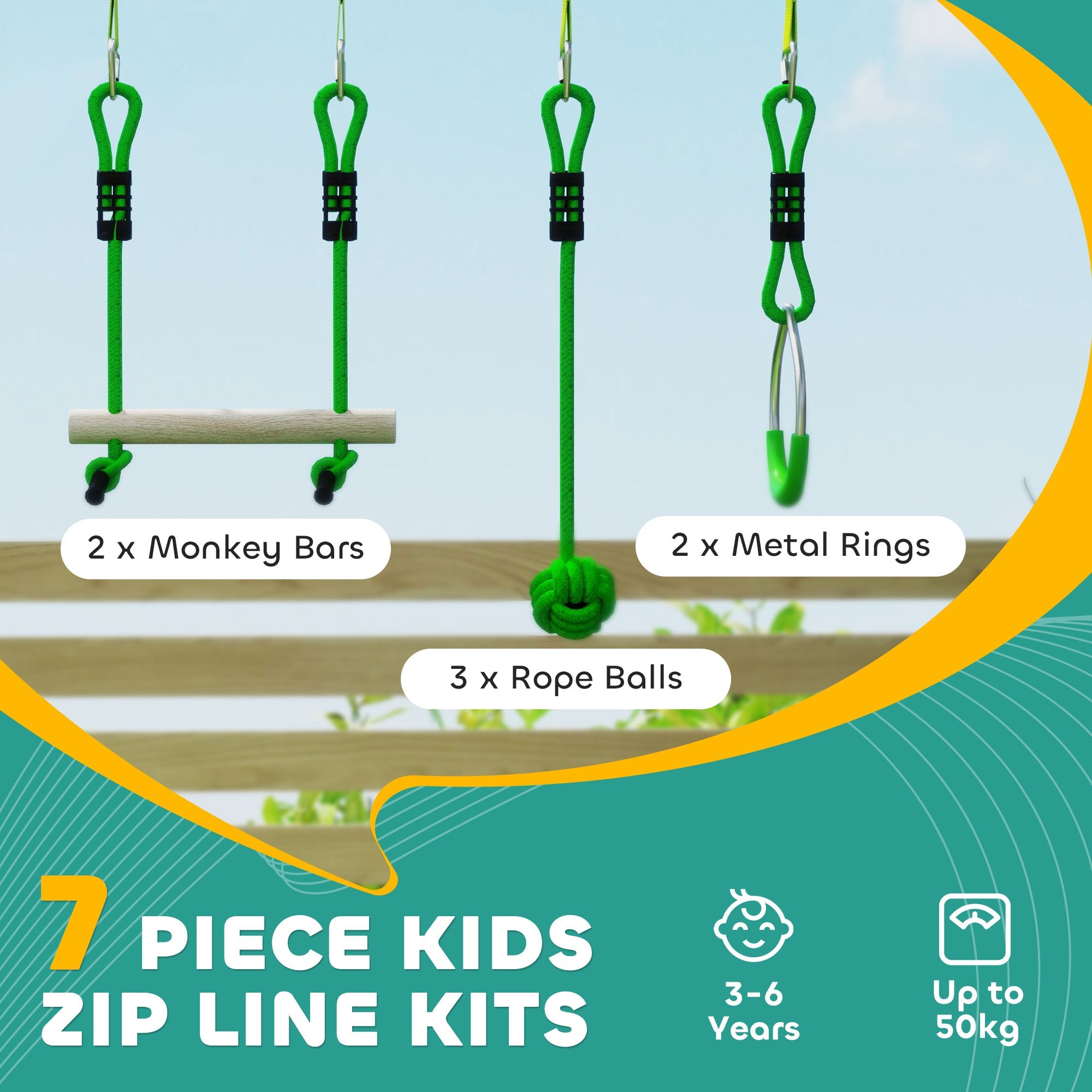 Kids Zip Line Kit - 7 - Piece Garden Slackline Course for Ages 3 - 6 - soilcommander