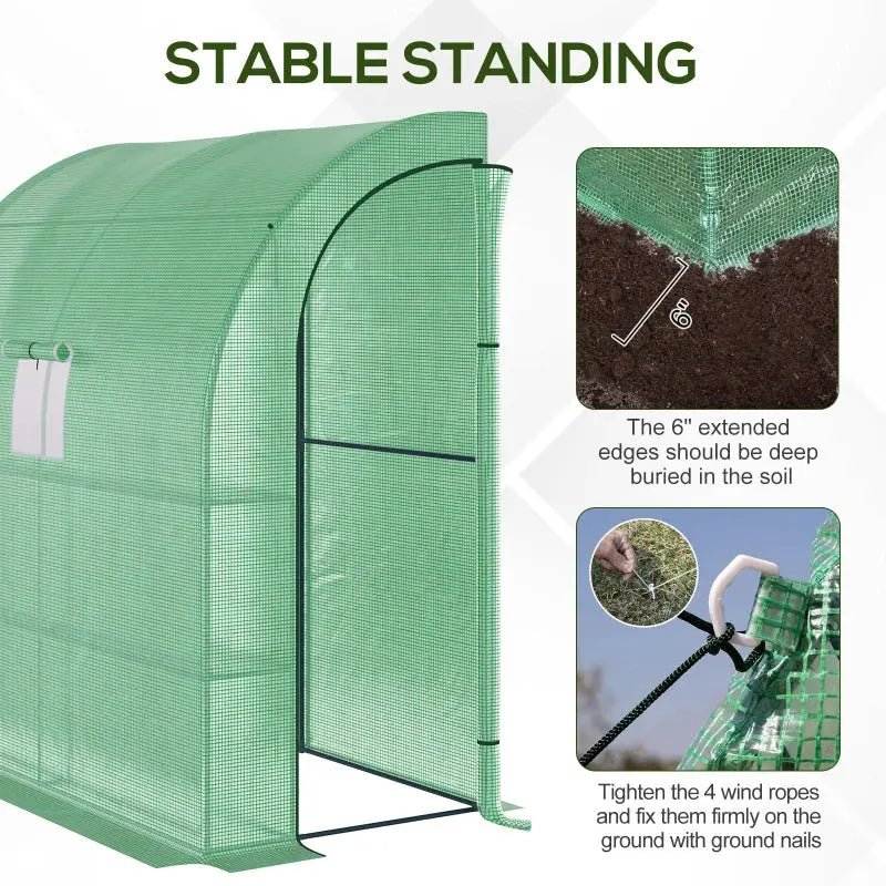 Lean To Greenhouse, Walk - In Green House, Plant Nursery With 2 Roll - up Doors And Windows, PE Cover And 3 Wire Shelves, Green - soilcommander