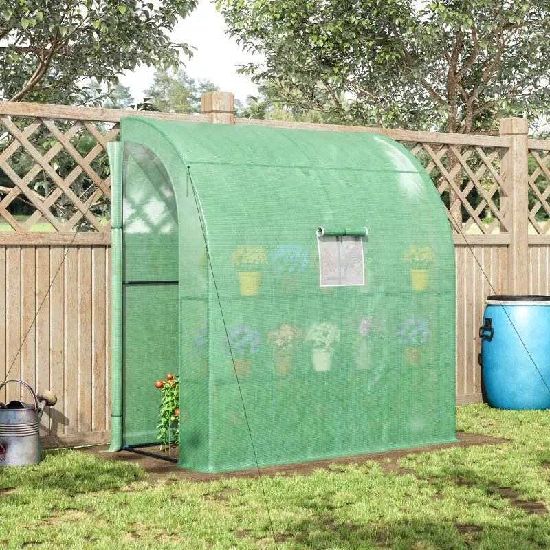 Lean To Greenhouse, Walk - In Green House, Plant Nursery With 2 Roll - up Doors And Windows, PE Cover And 3 Wire Shelves, Green - soilcommander
