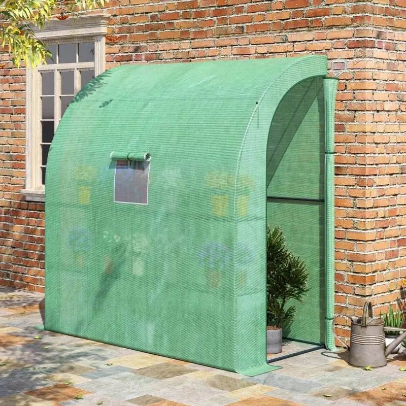 Lean To Greenhouse, Walk - In Green House, Plant Nursery With 2 Roll - up Doors And Windows, PE Cover And 3 Wire Shelves, Green - soilcommander