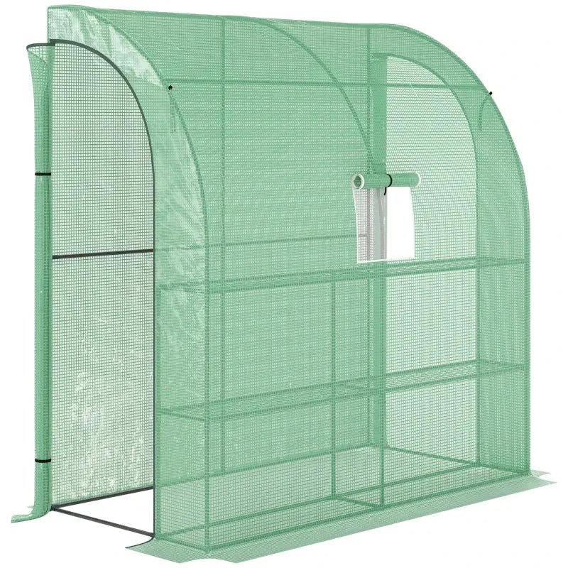 Lean To Greenhouse, Walk - In Green House, Plant Nursery With 2 Roll - up Doors And Windows, PE Cover And 3 Wire Shelves, Green - soilcommander