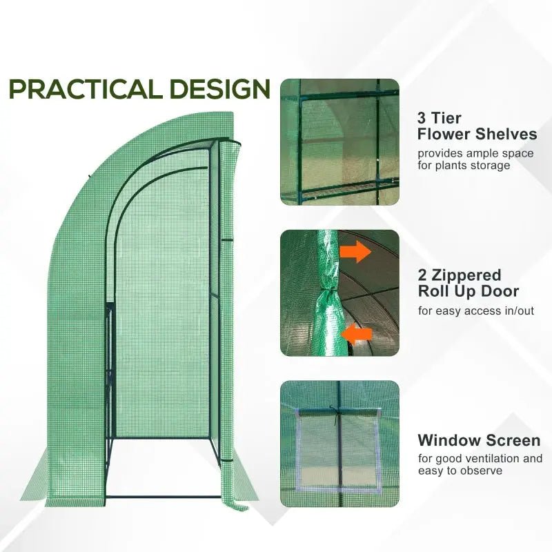 Lean To Greenhouse, Walk - In Green House, Plant Nursery With 2 Roll - up Doors And Windows, PE Cover And 3 Wire Shelves, Green - soilcommander