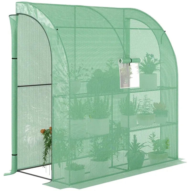 Lean To Greenhouse, Walk - In Green House, Plant Nursery With 2 Roll - up Doors And Windows, PE Cover And 3 Wire Shelves, Green - soilcommander