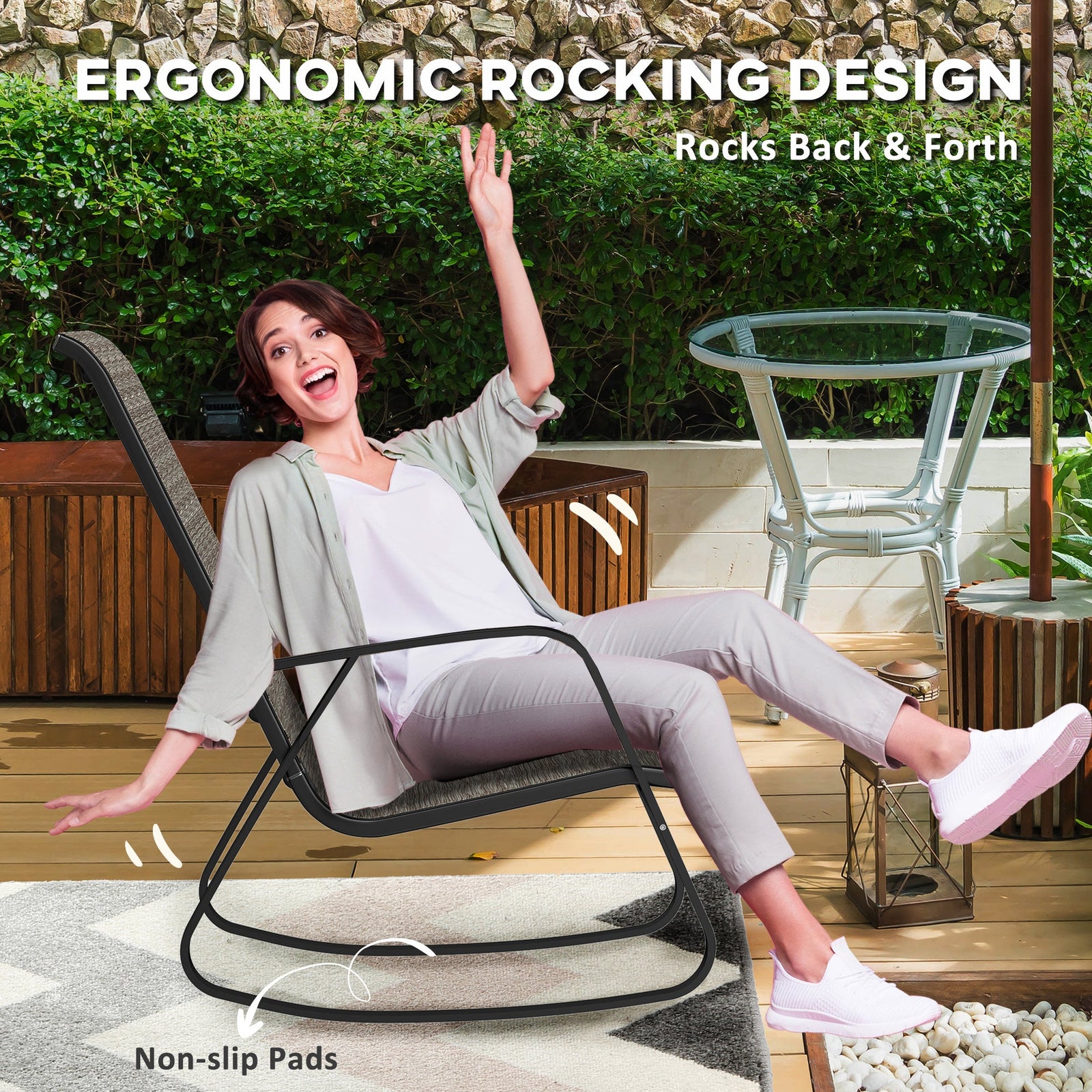Light Brown Outdoor Rocking Chair with Breathable Mesh Seat - soilcommander