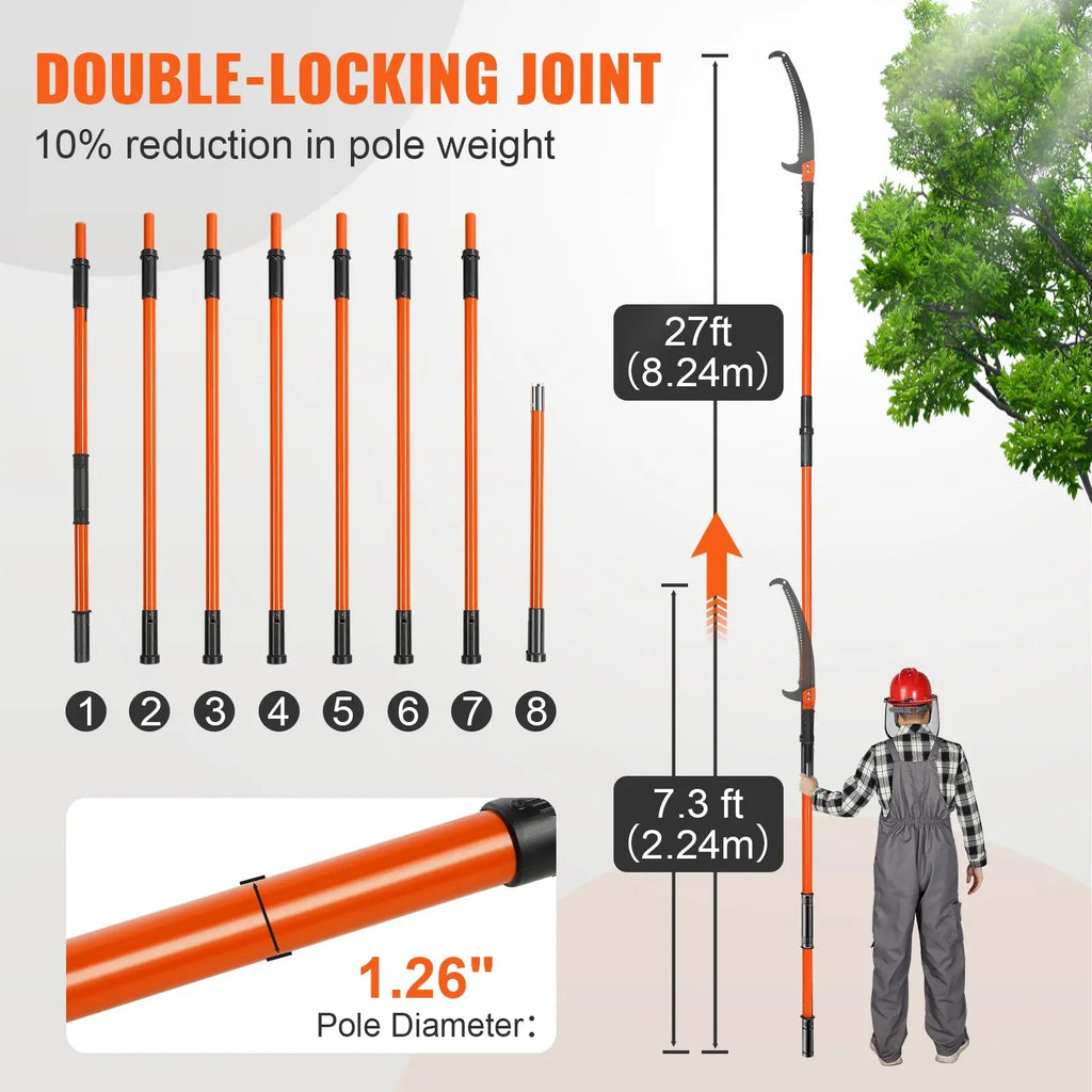 Manual Steel Blade Pole Saw Pruner with Fiberglass Handles - Extendable upto 27Ft - soilcommander