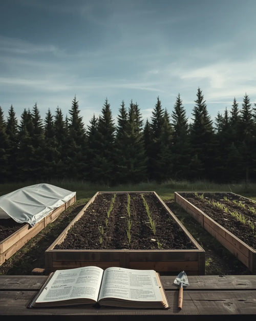 A planned Canada vegetable garden in full season with the printable garden planner open on the bench