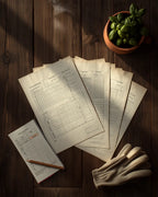 Printed pages from the Canada vegetable garden planner PDF laid out with seed packets and a pencil