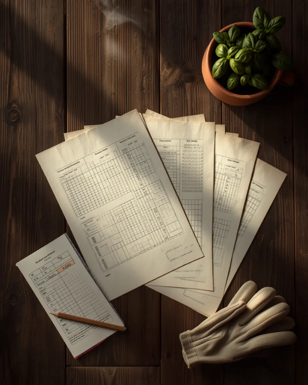 Printed pages from the Canada vegetable garden planner PDF laid out with seed packets and a pencil