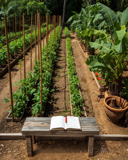 A planned Global vegetable garden in full season with the printable garden planner open on the bench