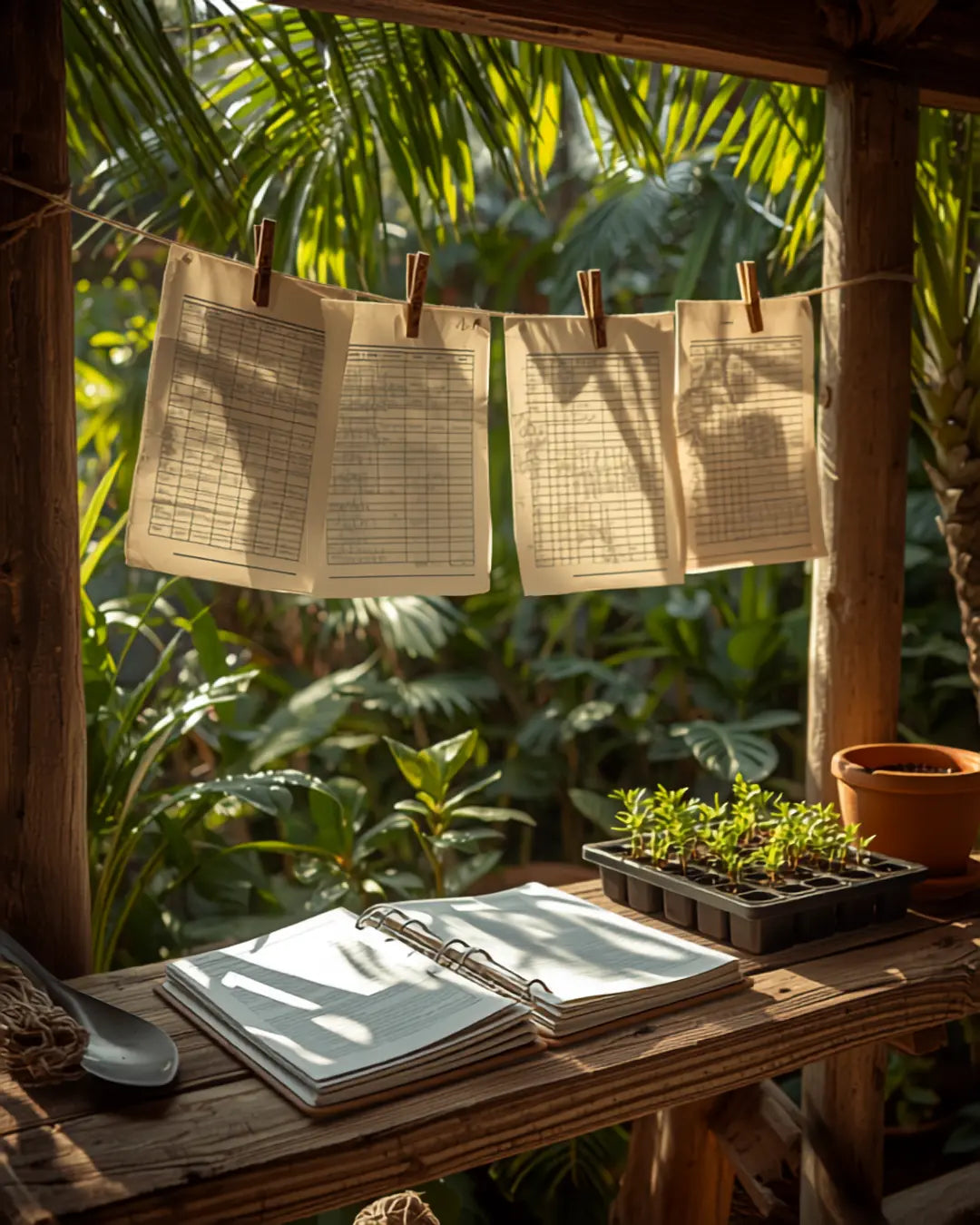 Printed Global garden planner pages clipped up and in use through the growing season