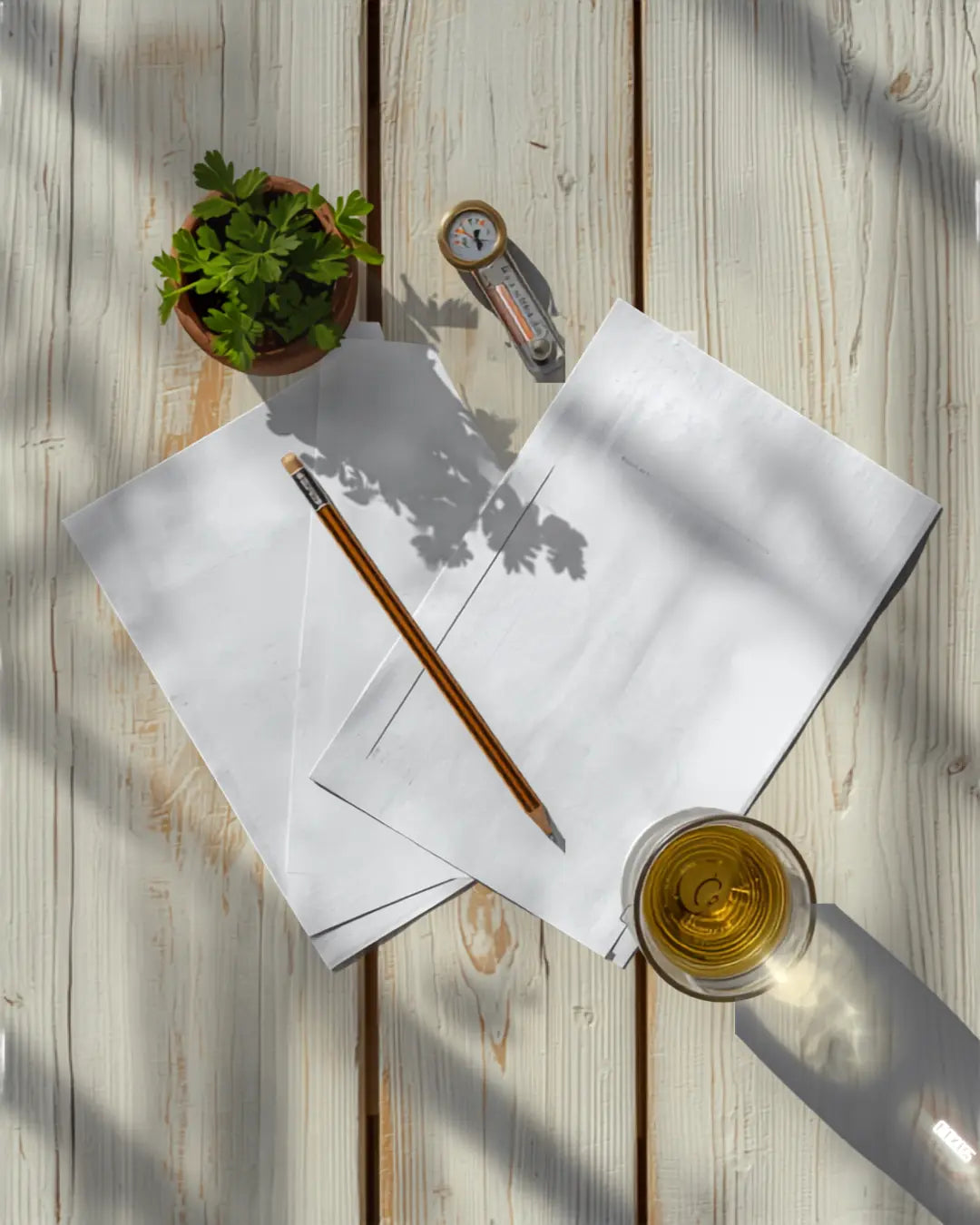 Printed pages from the Global vegetable garden planner PDF laid out with seed packets and a pencil