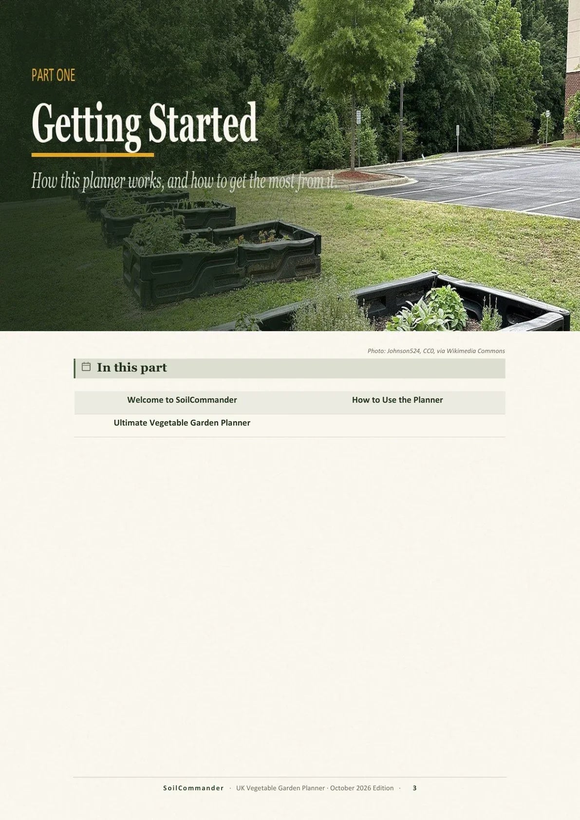 Inside the UK vegetable garden planner PDF — a part opener listing the pages in each section