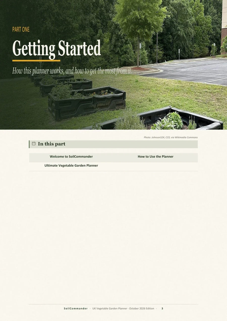 Inside the UK vegetable garden planner PDF — a part opener listing the pages in each section
