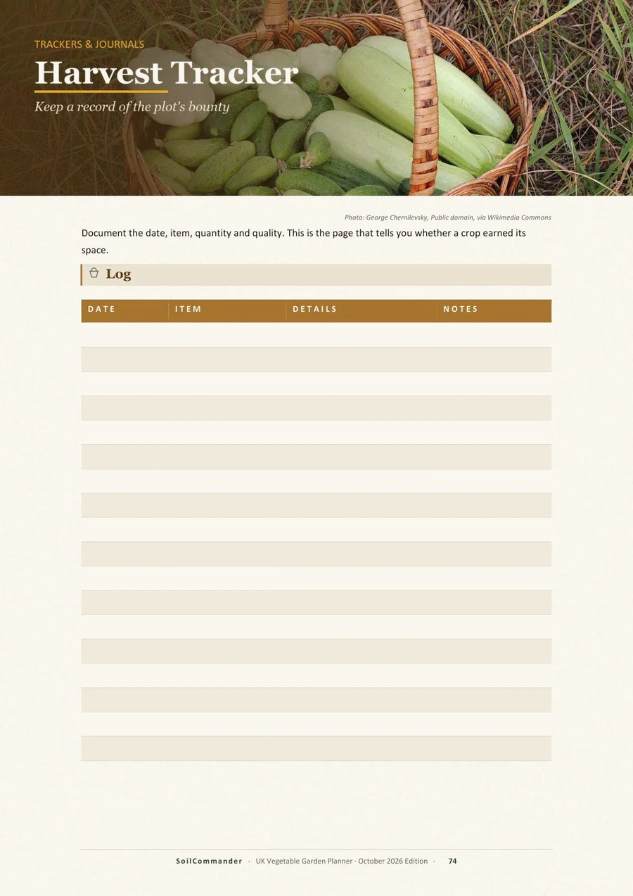 Inside the UK vegetable garden planner PDF — the harvest tracker page