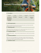 A crop guide page from the USA vegetable garden planner PDF — timing from your frost date, spacing, soil and problems