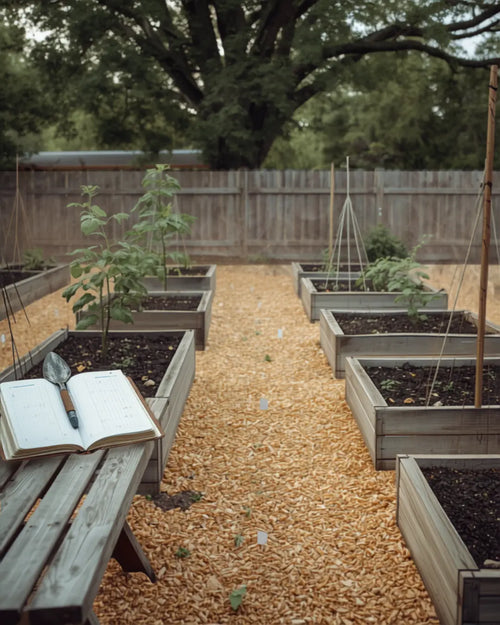 A planned USA vegetable garden in full season with the printable garden planner open on the bench
