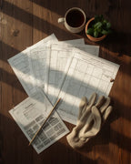 Printed pages from the USA vegetable garden planner PDF laid out with seed packets and a pencil