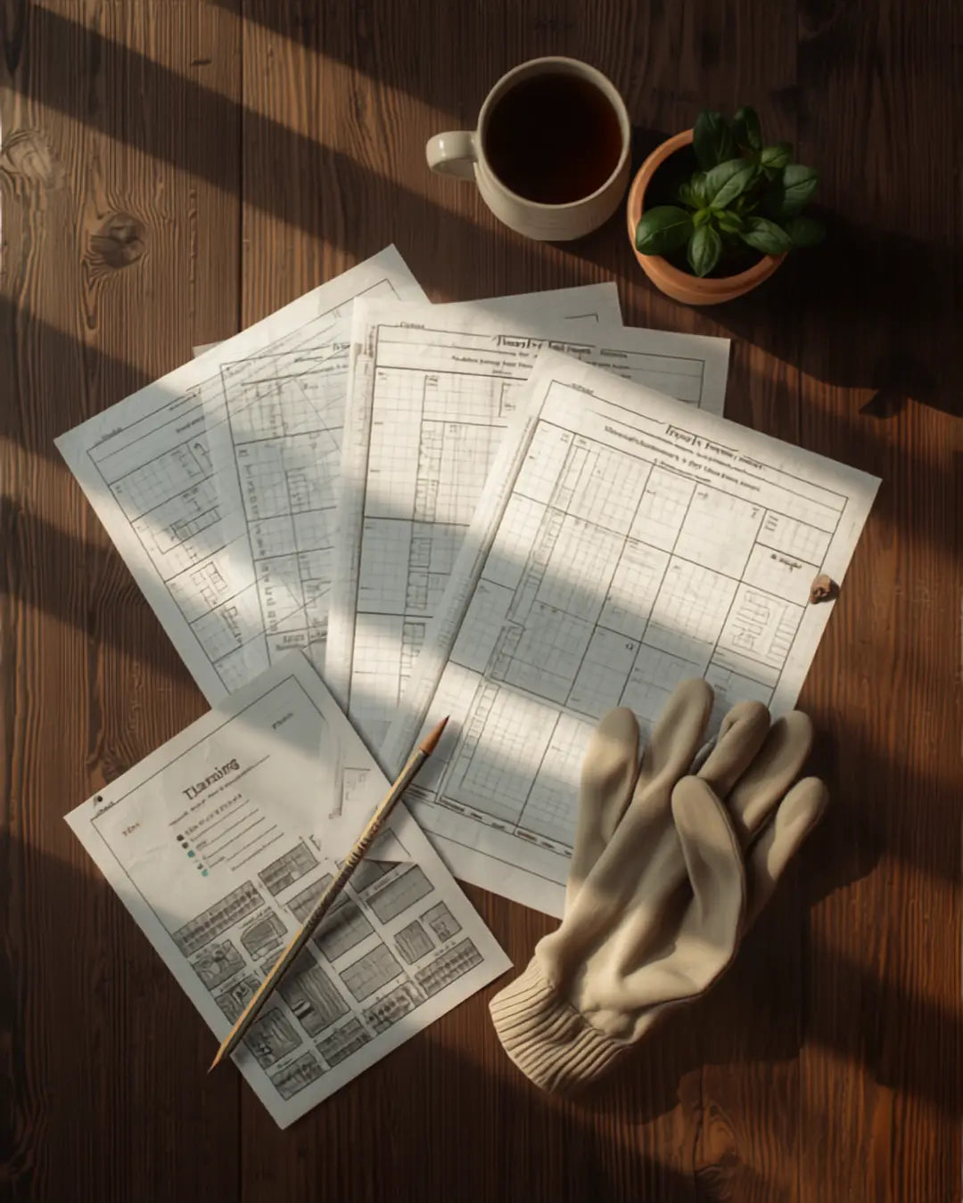 Printed pages from the USA vegetable garden planner PDF laid out with seed packets and a pencil