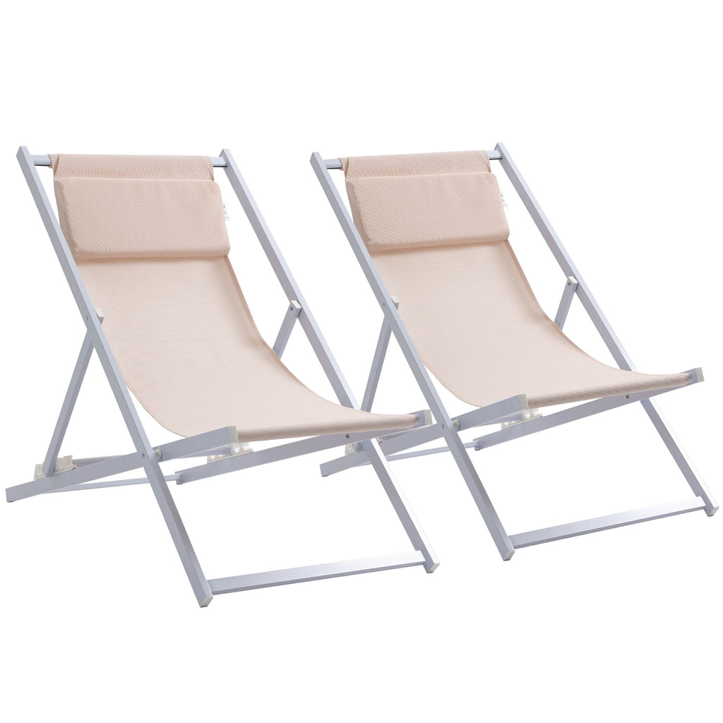 Set of 2 Aluminum Folding Beach & Garden Loungers – Beige - soilcommander