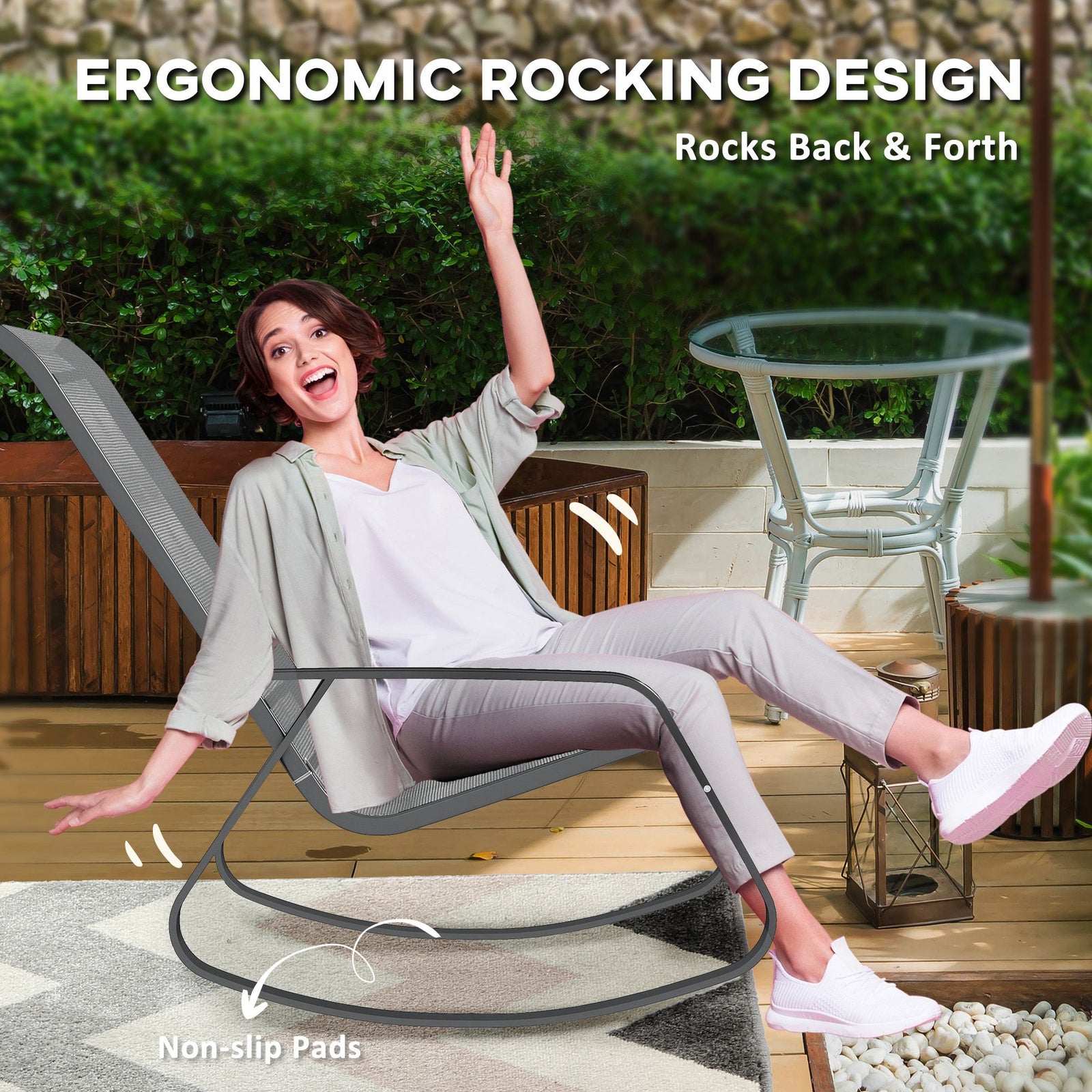 Set of Two Rocking Garden Chairs – Grey Outdoor Patio Seating - soilcommander