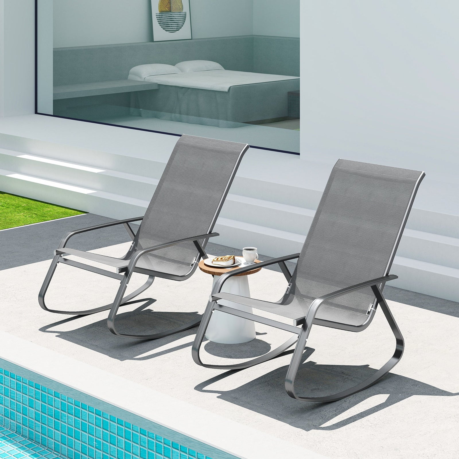 Set of Two Rocking Garden Chairs – Grey Outdoor Patio Seating - soilcommander