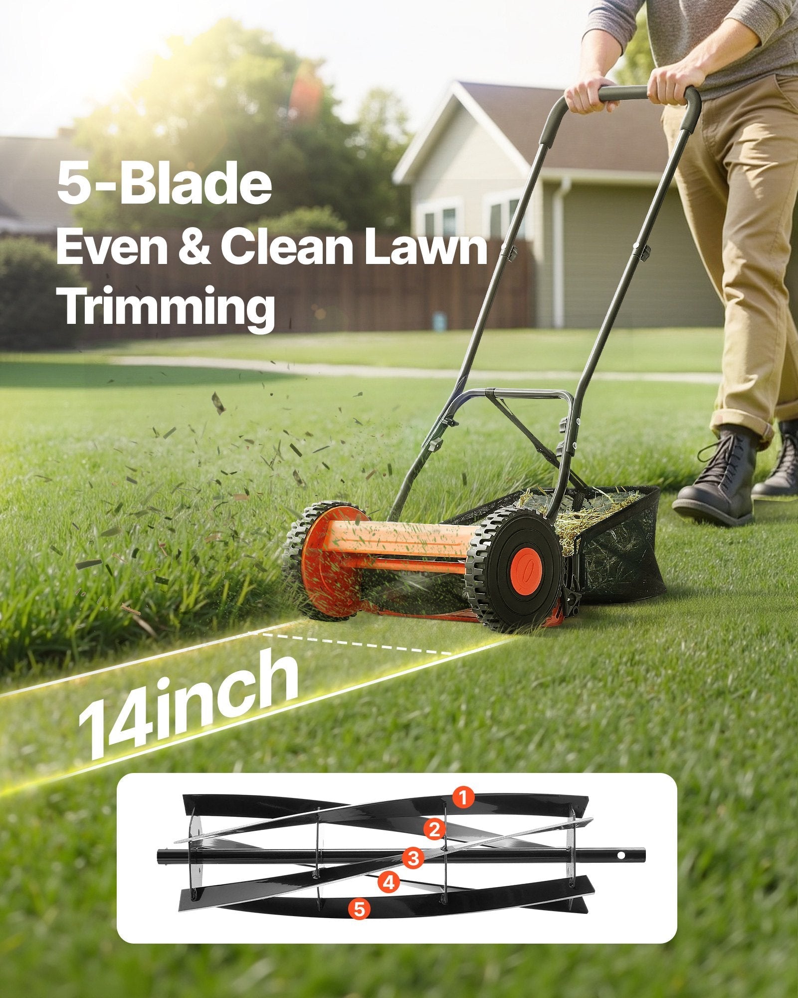 SoilCommander 14 - Inch Push Reel Lawn Mower, 5 - Blade Eco Mower - soilcommander