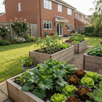 Garden with raised wooden beds filled with various plants and flowers.