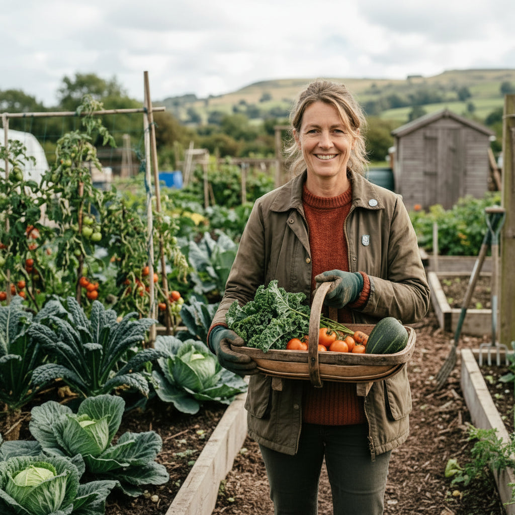 Woman holding a basket of vegetables in a garden setting with hills in the background