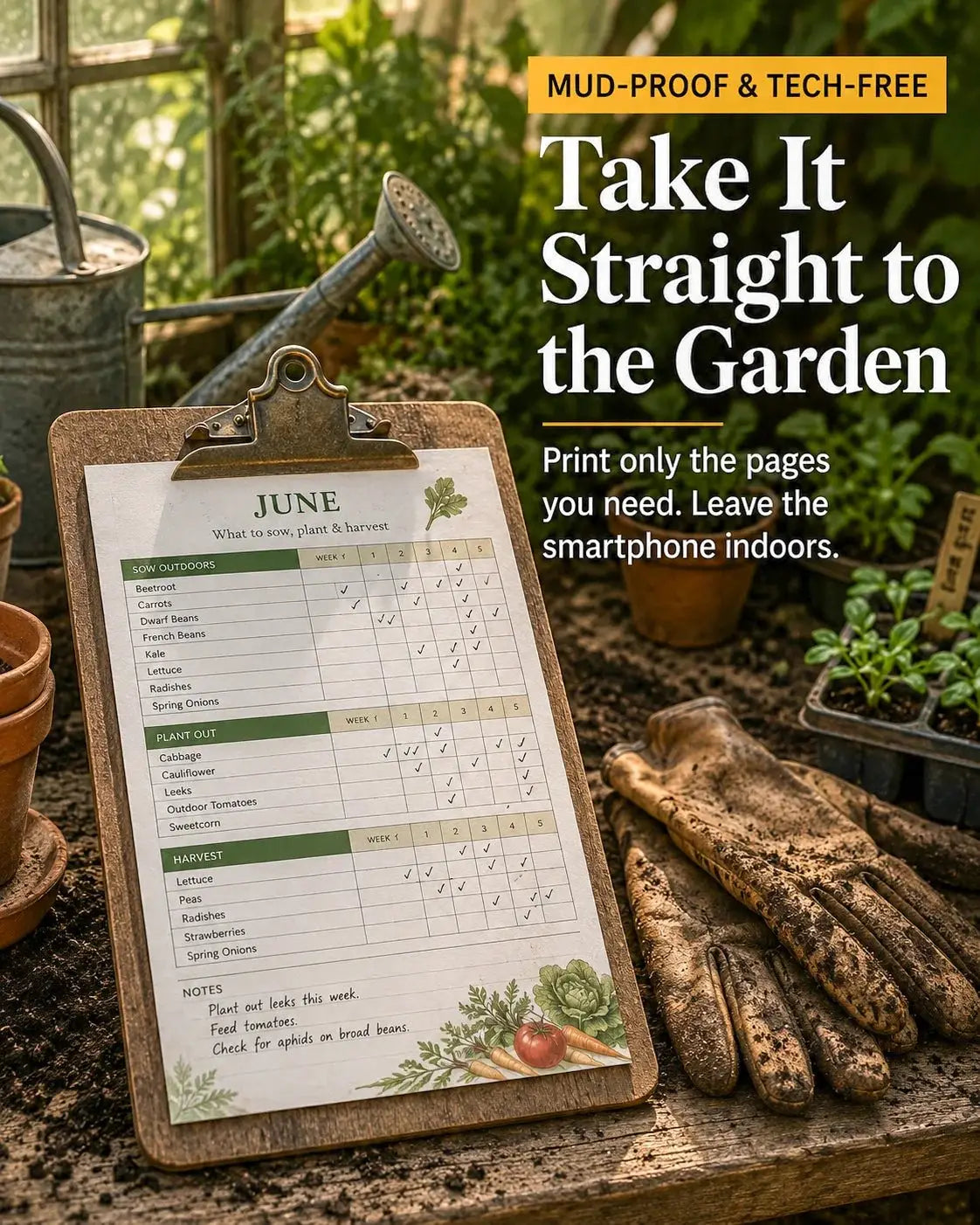 Allotment planting calendar and layout pages inside the UK garden planner PDF