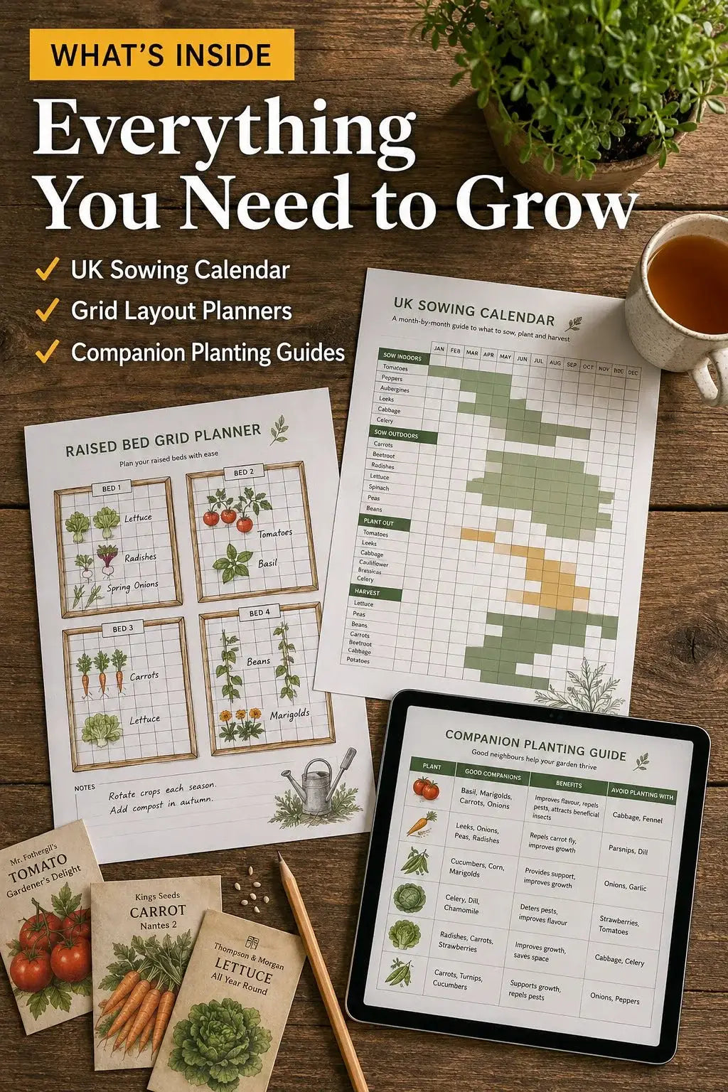 Crop rotation planner and raised bed layout pages — printable PDF preview