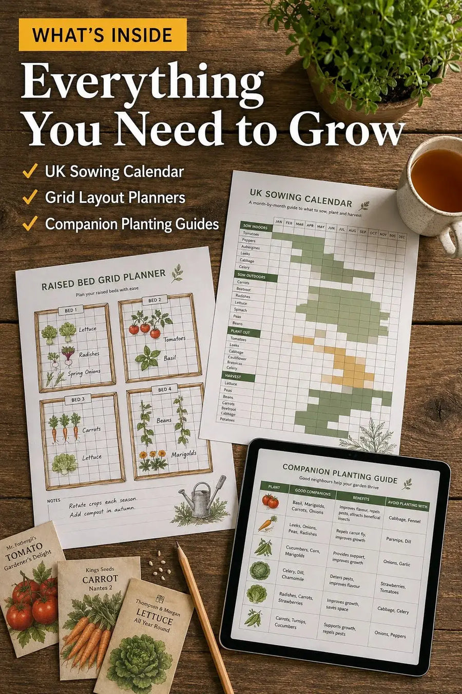 Crop rotation planner and raised bed layout pages — printable PDF preview