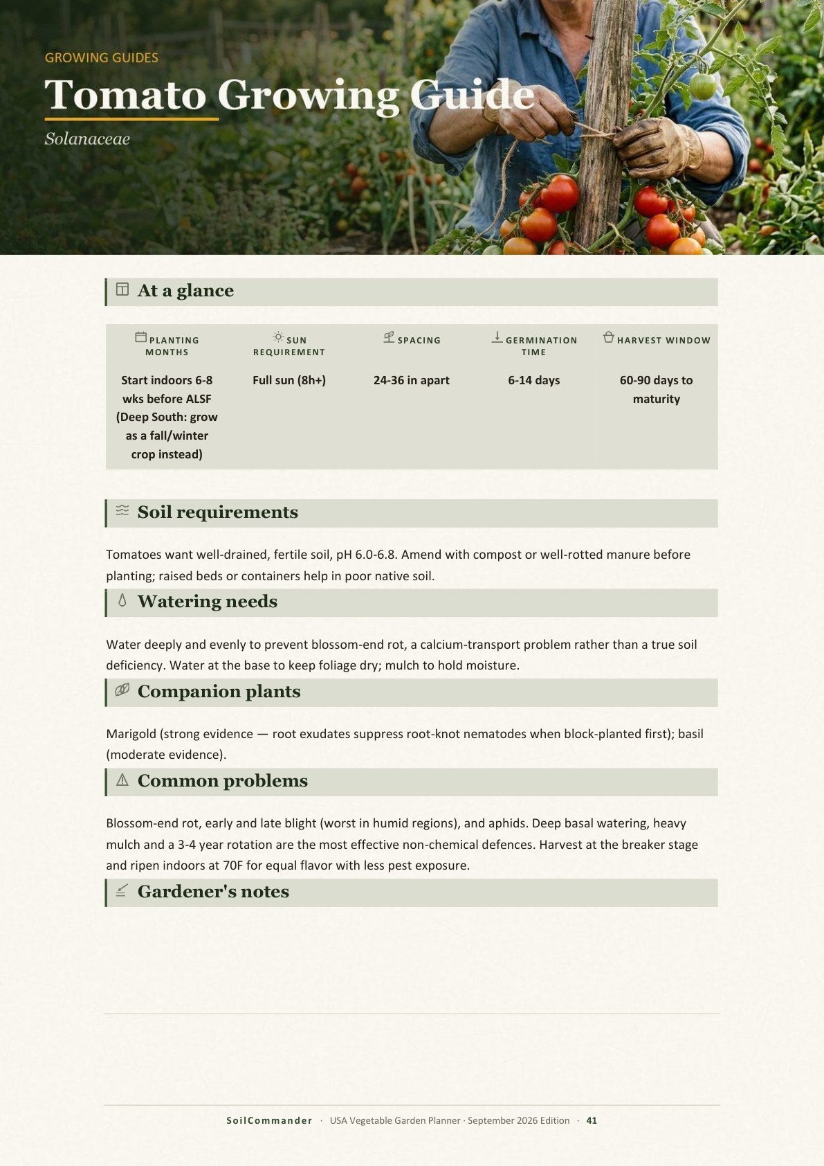 Inside the USA vegetable garden planner PDF — A crop guide — spacing, soil, watering and problems at a glance (page 41)