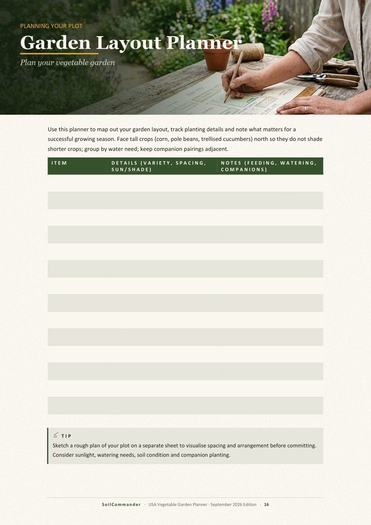 Inside the USA vegetable garden planner PDF — A planning worksheet you fill in for your own plot (page 16)