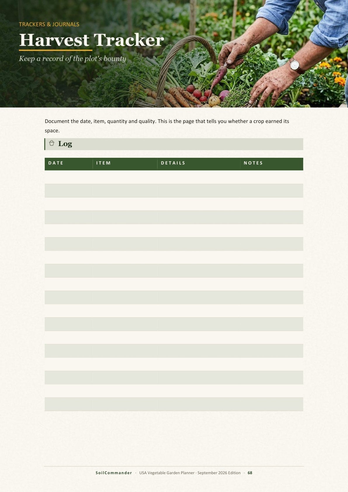 Inside the USA vegetable garden planner PDF — A tracker page — records that become next season's plan (page 68)